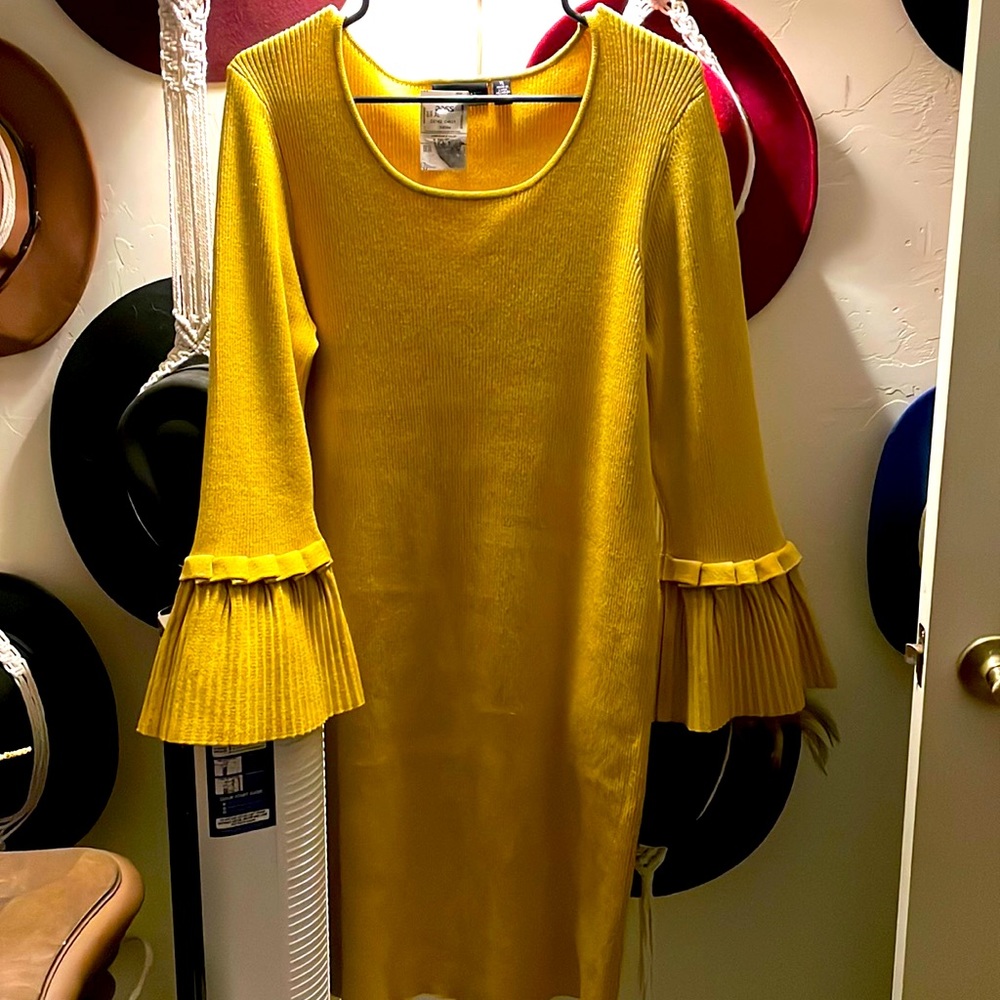 Mustard Mid Length Sweater Dress with Bell sleeves. XL